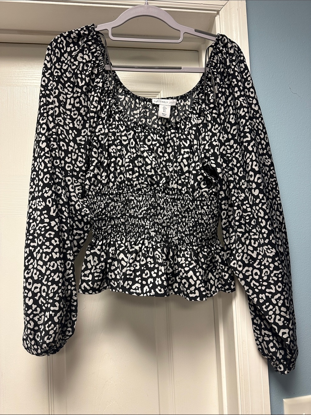 Sincerely Jules Black and White Leopard Smocked Peplum Blouse
